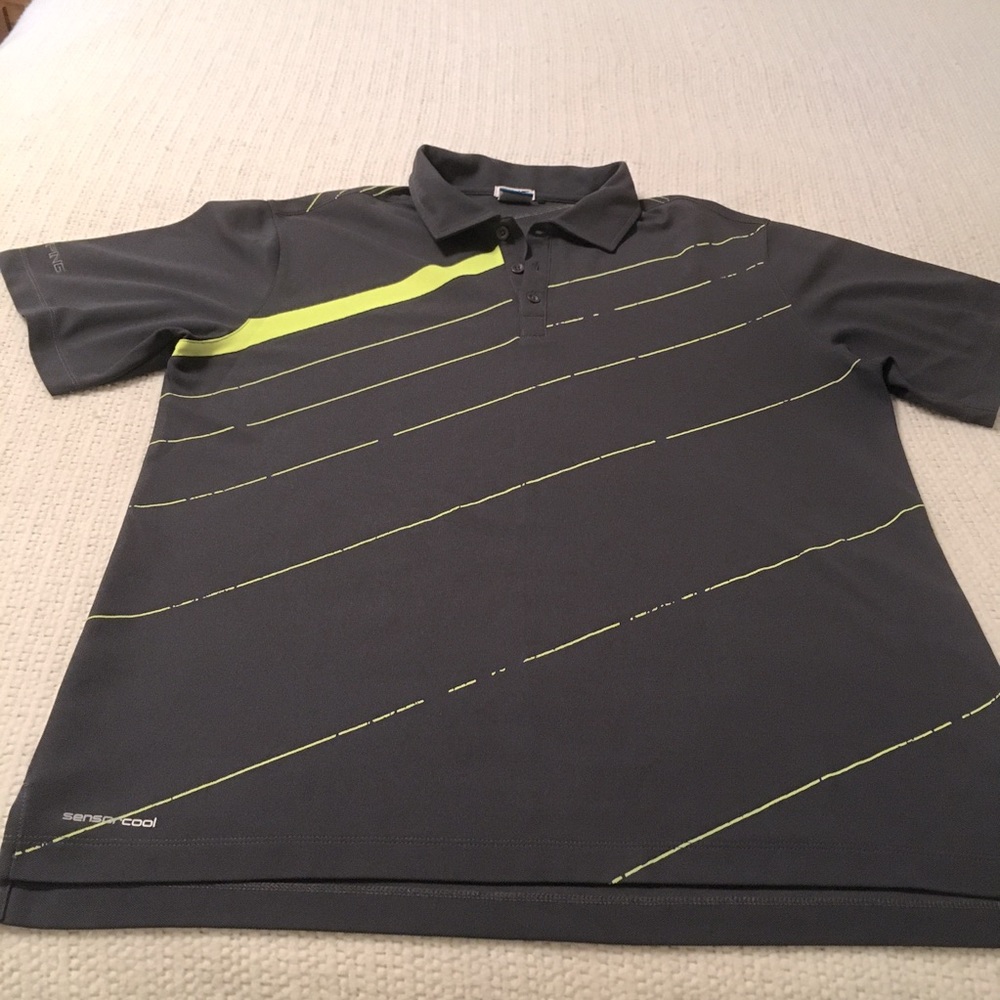 Ping dark gray polo with neon yellow/green broken stripes. Size L